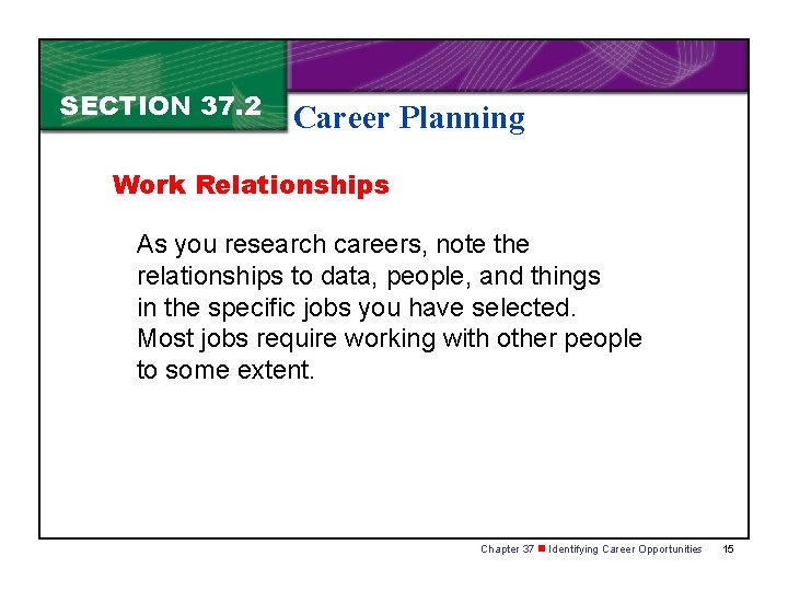 SECTION 37. 2 Career Planning Work Relationships As you research careers, note the relationships