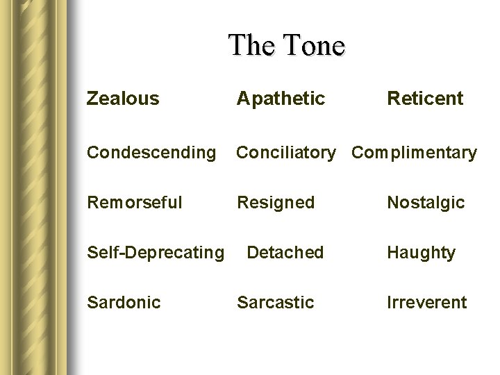 The Tone Zealous Apathetic Condescending Conciliatory Complimentary Remorseful Resigned Self-Deprecating Sardonic Detached Sarcastic Reticent