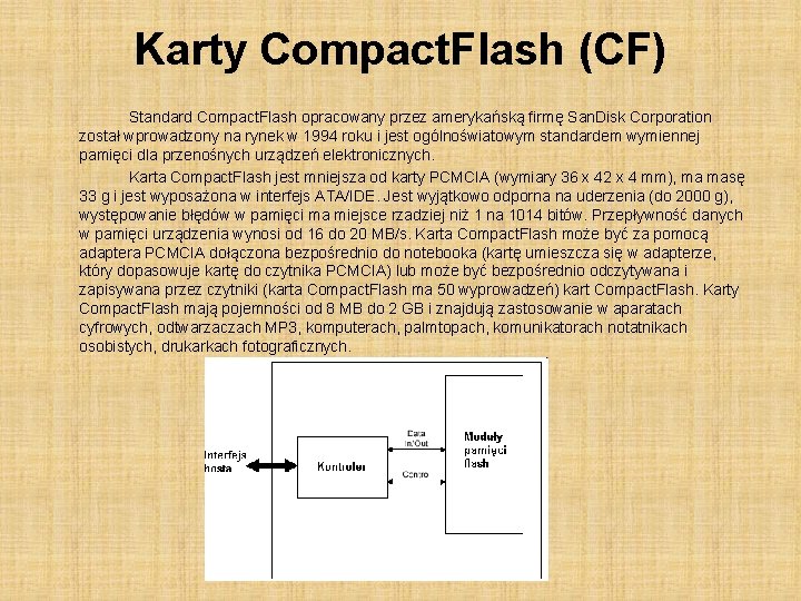 Karty Compact. Flash (CF) Standard Compact. Flash opracowany przez amerykańską firmę San. Disk Corporation