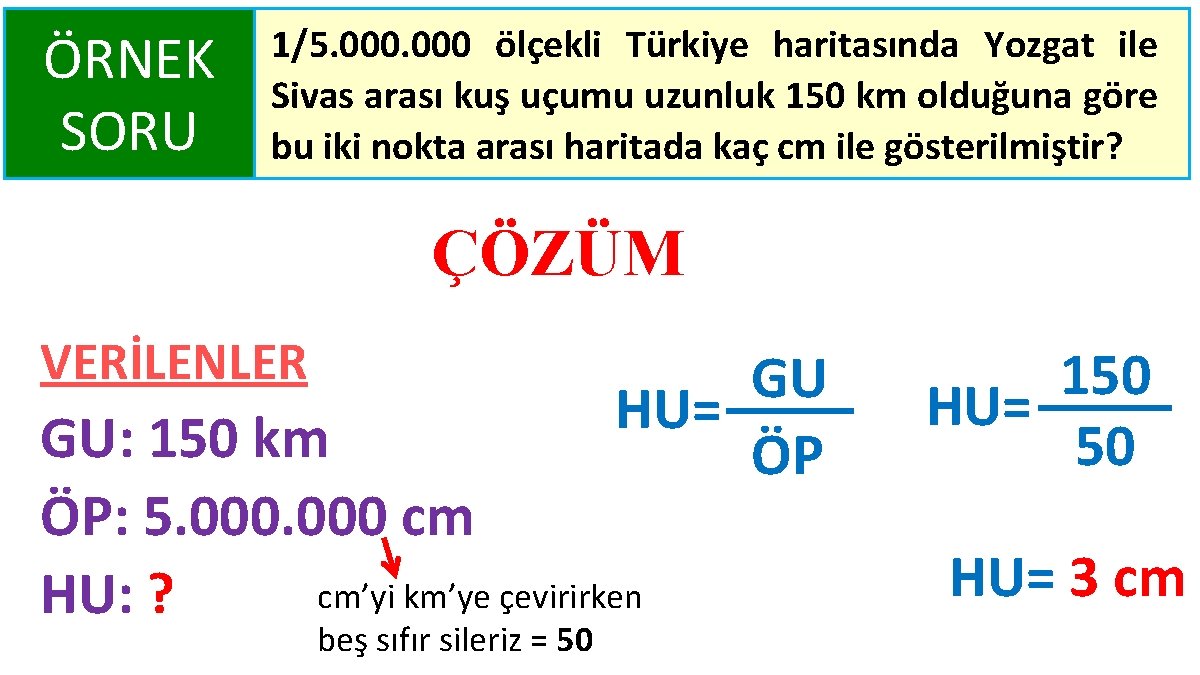 ÖRNEK SORU 1/5. 000 ölçekli Türkiye haritasında Yozgat ile Sivas arası kuş uçumu uzunluk