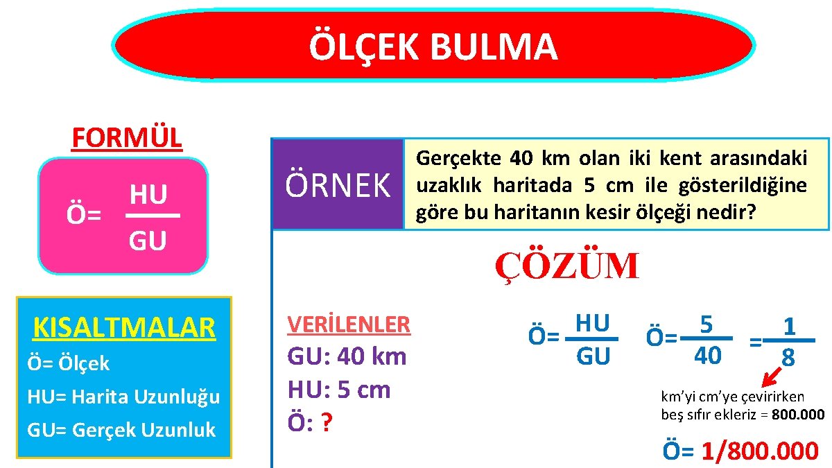 ÖLÇEK BULMA FORMÜL Ö= HU ÖRNEK GU KISALTMALAR Ö= Ölçek HU= Harita Uzunluğu GU=