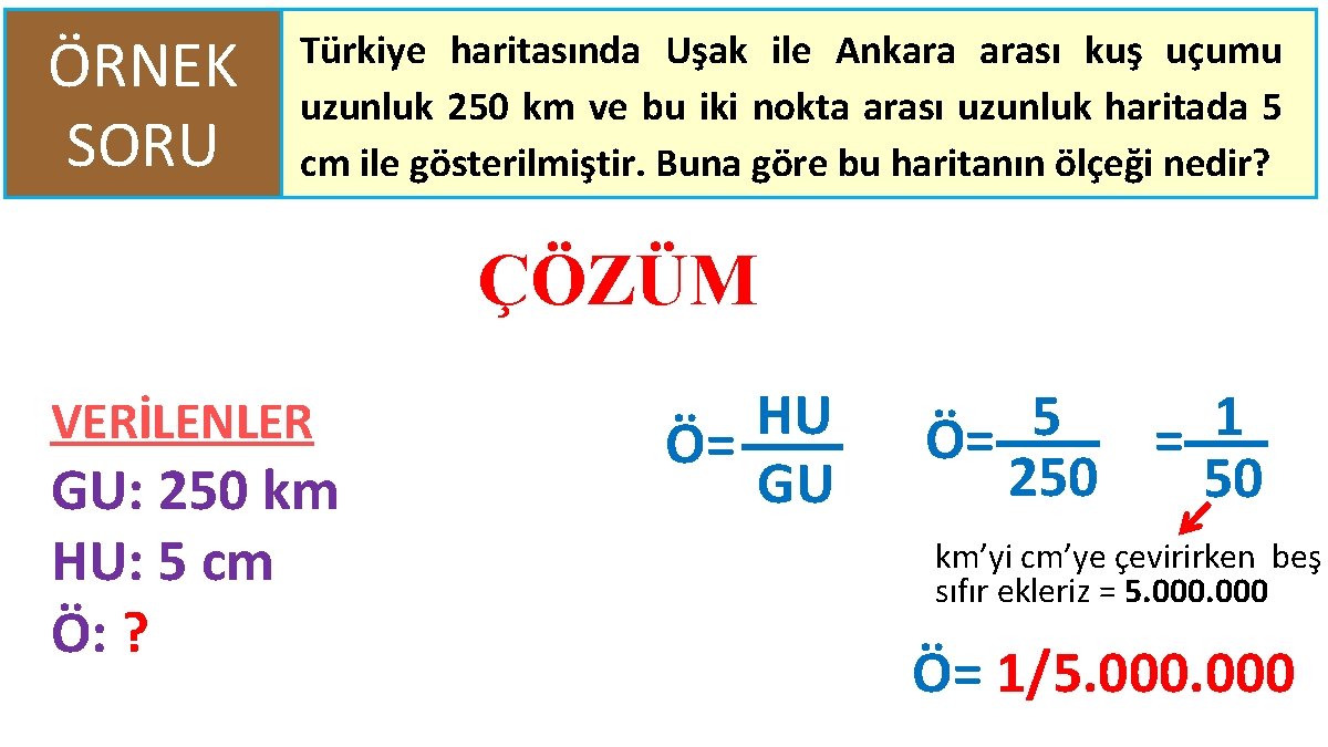 ÖRNEK SORU Türkiye haritasında Uşak ile Ankara arası kuş uçumu uzunluk 250 km ve