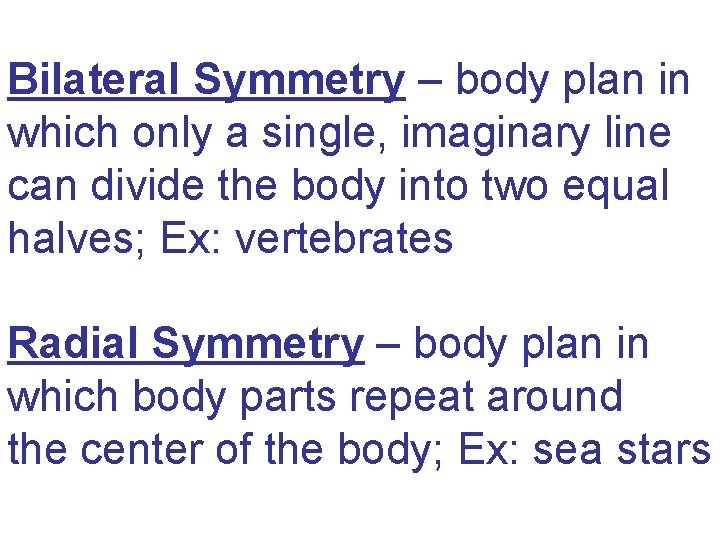 Bilateral Symmetry – body plan in which only a single, imaginary line can divide