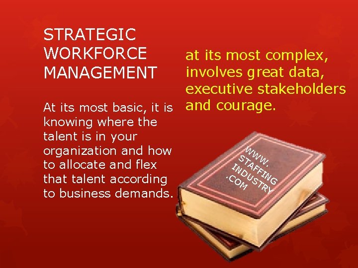 STRATEGIC WORKFORCE MANAGEMENT at its most complex, involves great data, executive stakeholders At its