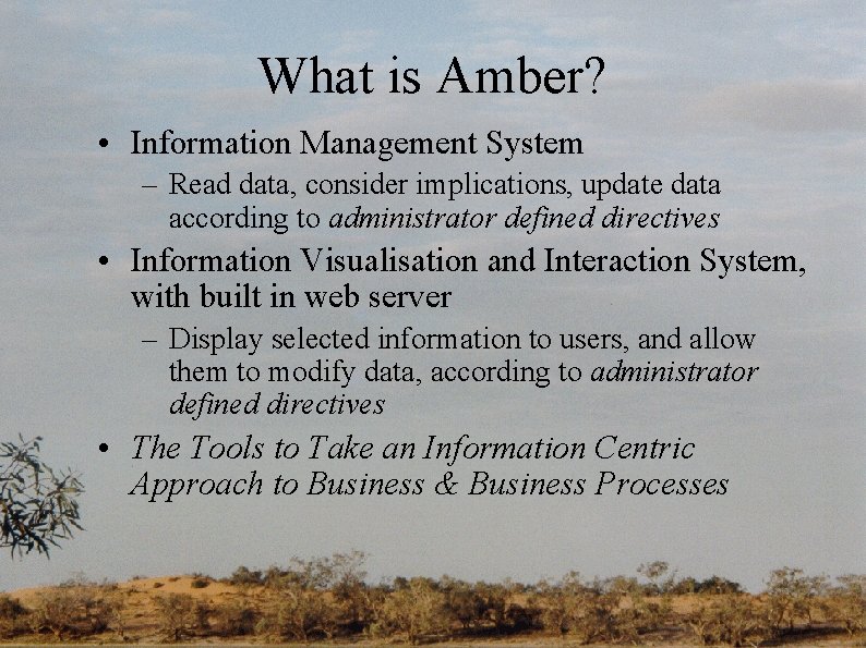 What is Amber? • Information Management System – Read data, consider implications, update data