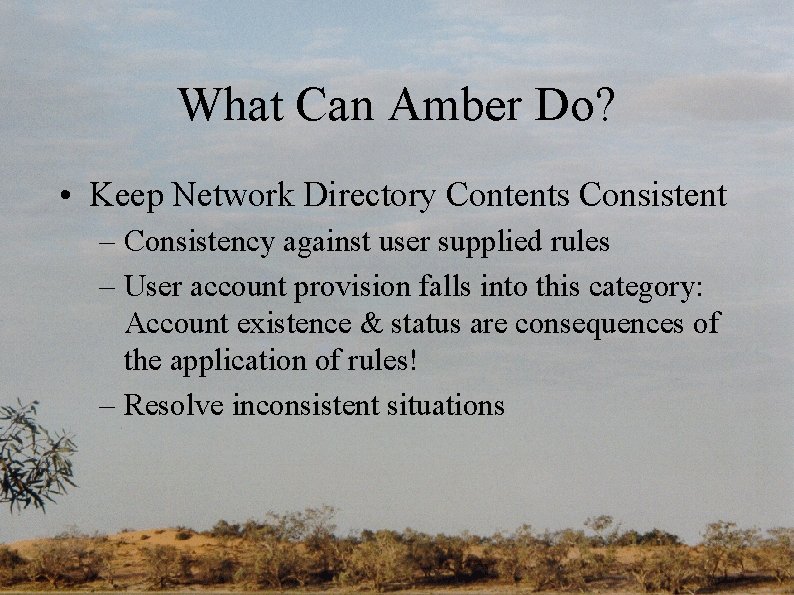 What Can Amber Do? • Keep Network Directory Contents Consistent – Consistency against user
