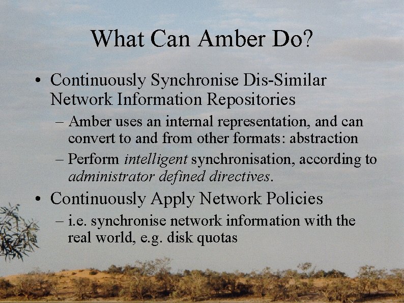 What Can Amber Do? • Continuously Synchronise Dis-Similar Network Information Repositories – Amber uses