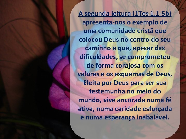 A segunda leitura (1 Tes 1, 1 -5 b) apresenta-nos o exemplo de uma