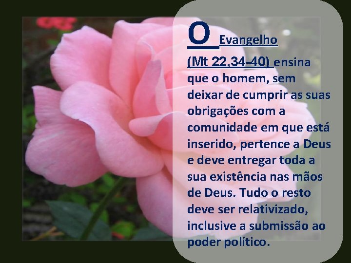 O Evangelho (Mt 22, 34 -40) ensina que o homem, sem deixar de cumprir