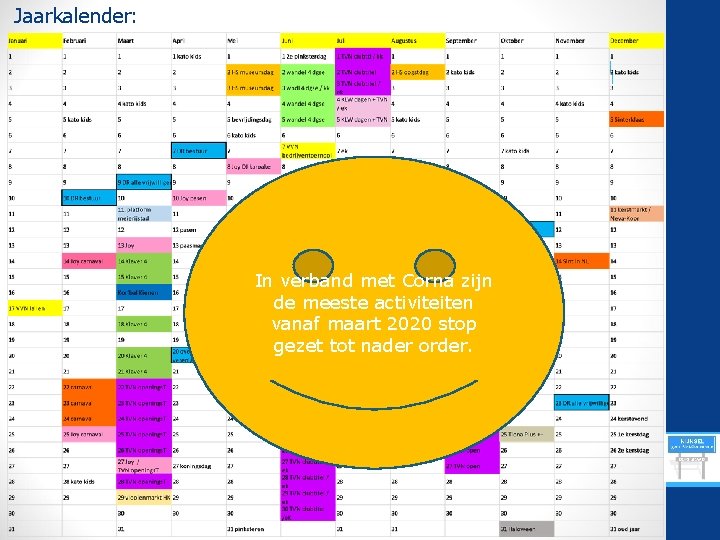 Jaarkalender: In verband met Corna zijn de meeste activiteiten vanaf maart 2020 stop gezet