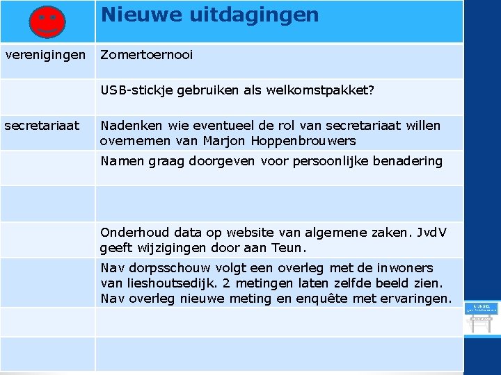 Nieuwe uitdagingen verenigingen Zomertoernooi USB-stickje gebruiken als welkomstpakket? secretariaat Nadenken wie eventueel de rol