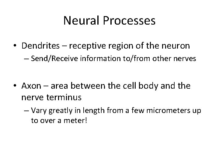 Neural Processes • Dendrites – receptive region of the neuron – Send/Receive information to/from