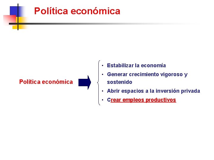 Política económica • Estabilizar la economía Política económica • Generar crecimiento vigoroso y sostenido