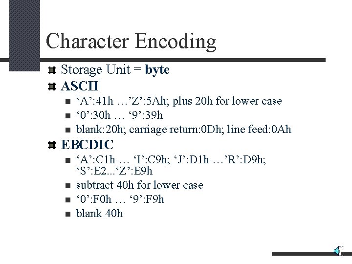 Character Encoding Storage Unit = byte ASCII n n n ‘A’: 41 h …’Z’: