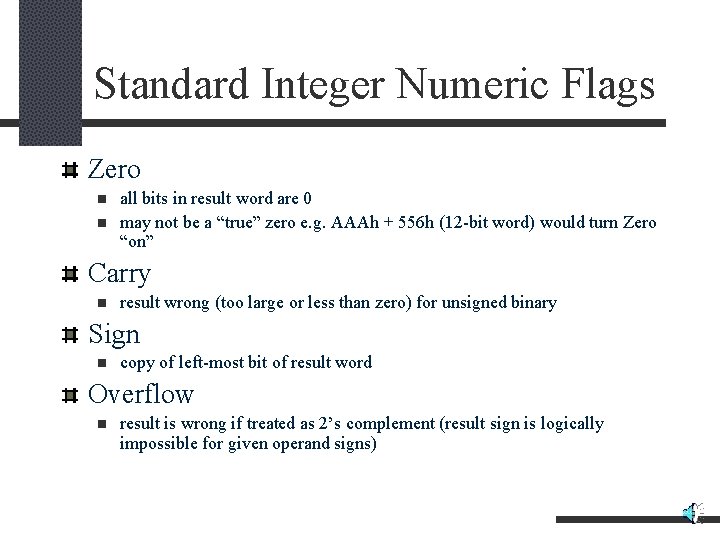 Standard Integer Numeric Flags Zero n n all bits in result word are 0