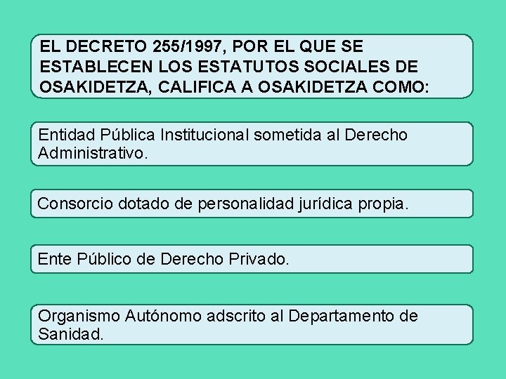 EL DECRETO 255/1997, POR EL QUE SE ESTABLECEN LOS ESTATUTOS SOCIALES DE OSAKIDETZA, CALIFICA