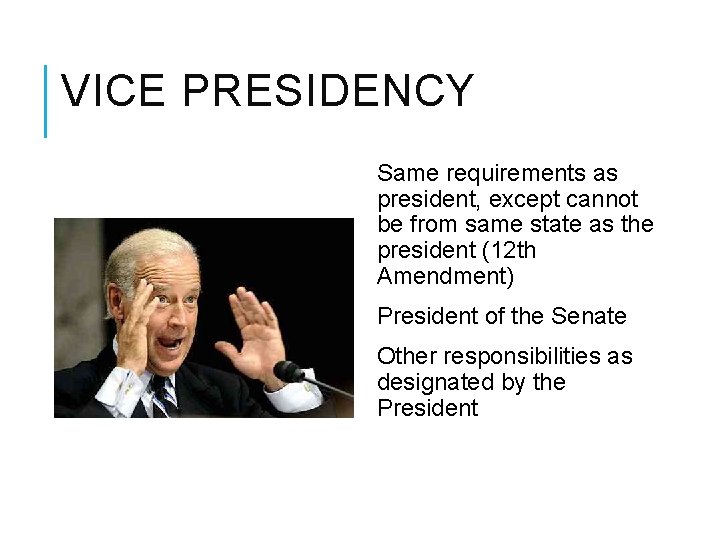 VICE PRESIDENCY Same requirements as president, except cannot be from same state as the