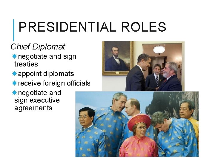 PRESIDENTIAL ROLES Chief Diplomat negotiate and sign treaties appoint diplomats receive foreign officials negotiate