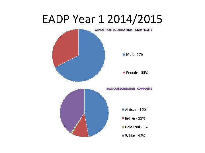 EADP Year 1 2014/2015 Male -67% Female - 33% African - 46% Indian -