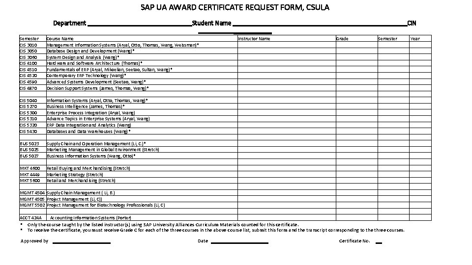 SAP UA AWARD CERTIFICATE REQUEST FORM, CSULA Department Student Name Semester CIS 3010 CIS