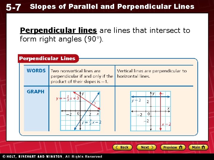 5 -7 Slopes of Parallel and Perpendicular Lines Perpendicular lines are lines that intersect
