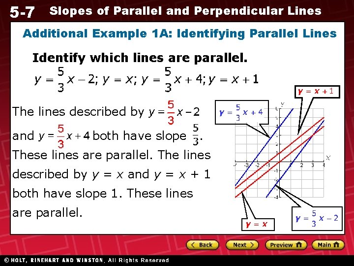 5 -7 Slopes of Parallel and Perpendicular Lines Additional Example 1 A: Identifying Parallel