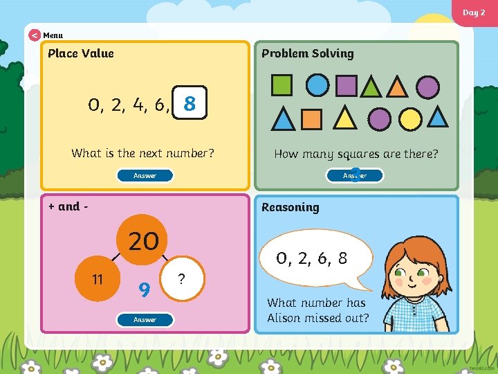 Day 2 < Menu Place Value Problem Solving 0, 2, 4, 6, 8 What