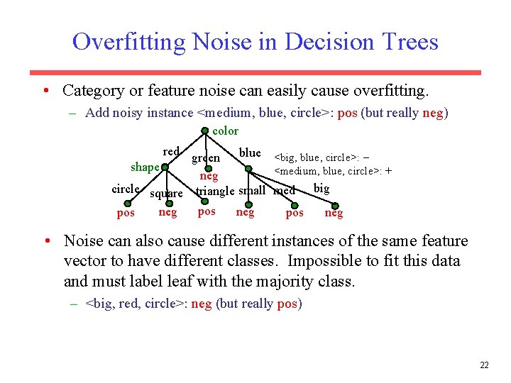 Overfitting Noise in Decision Trees • Category or feature noise can easily cause overfitting.