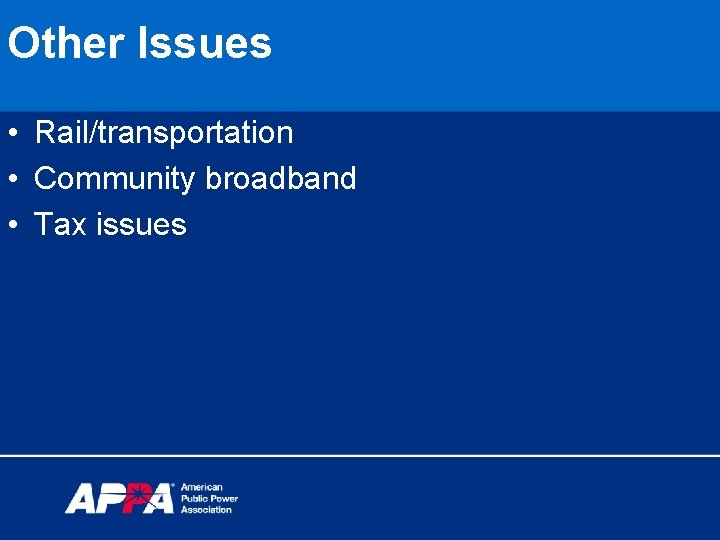 Other Issues • Rail/transportation • Community broadband • Tax issues 