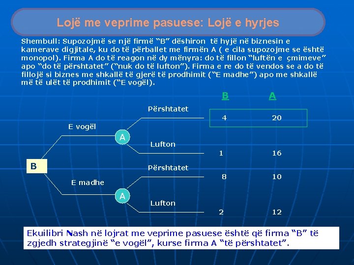 Lojë me veprime pasuese: Lojë e hyrjes Shembull: Supozojmë se një firmë “B” dëshiron