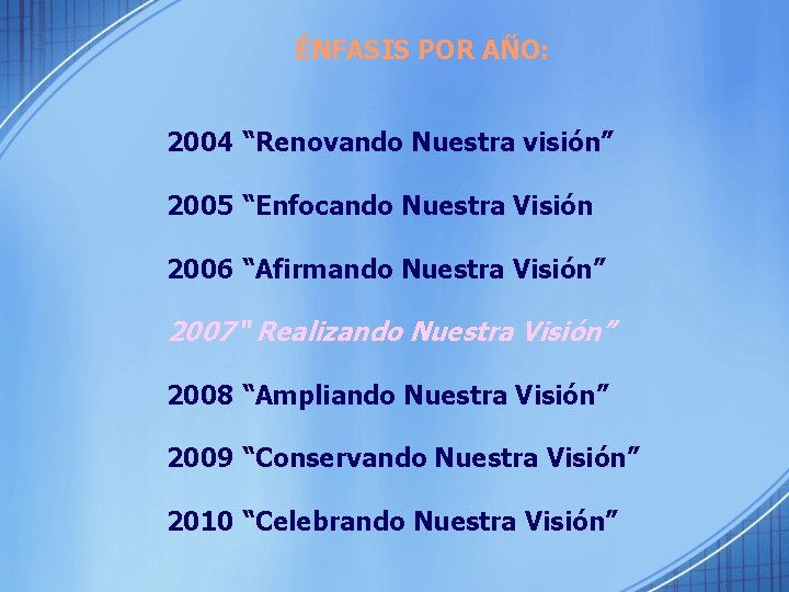 ÉNFASIS POR AÑO: 2004 “Renovando Nuestra visión” 2005 “Enfocando Nuestra Visión 2006 “Afirmando Nuestra