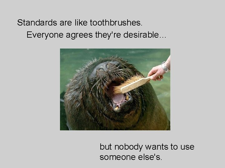 Standards are like toothbrushes. Everyone agrees they're desirable… but nobody wants to use someone