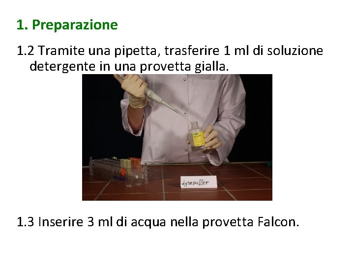 1. Preparazione 1. 2 Tramite una pipetta, trasferire 1 ml di soluzione detergente in