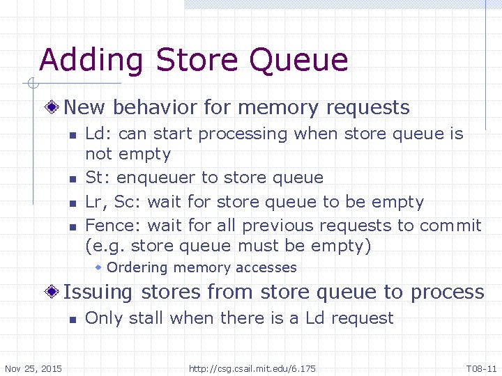 Adding Store Queue New behavior for memory requests n n Ld: can start processing