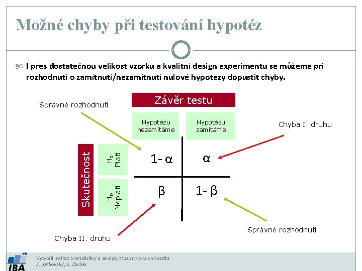 Možné chyby při testování hypotéz I přes dostatečnou velikost vzorku a kvalitní design experimentu