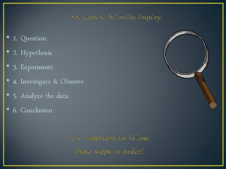 Six steps to Scientific Inquiry: • • • 1. Question 2. Hypothesis 3. Experiment