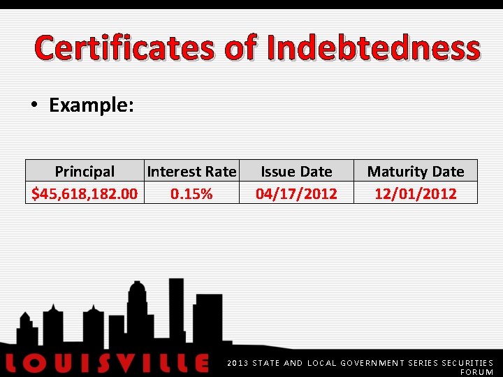 Certificates of Indebtedness • Example: Principal Interest Rate $45, 618, 182. 00 0. 15%