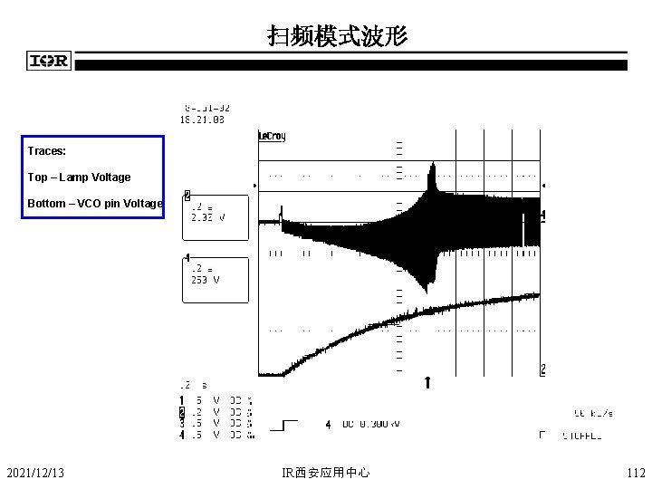 扫频模式波形 Traces: Top – Lamp Voltage Bottom – VCO pin Voltage 2021/12/13 IR西安应用中心 112