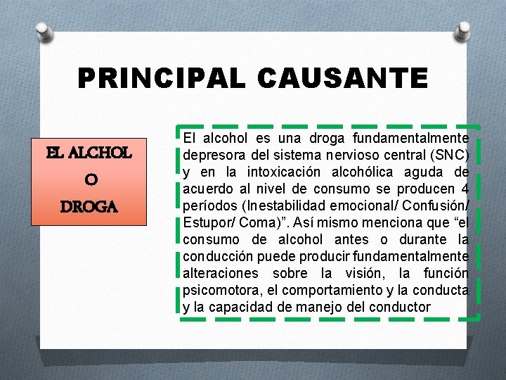 PRINCIPAL CAUSANTE EL ALCHOL O DROGA El alcohol es una droga fundamentalmente depresora del