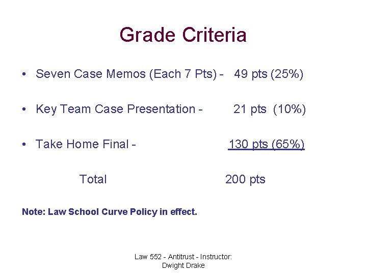 Grade Criteria • Seven Case Memos (Each 7 Pts) - 49 pts (25%) •