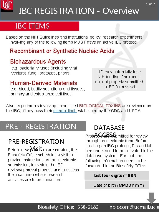 IBC REGISTRATION - Overview 1 of 2 IBC ITEMS Based on the NIH Guidelines