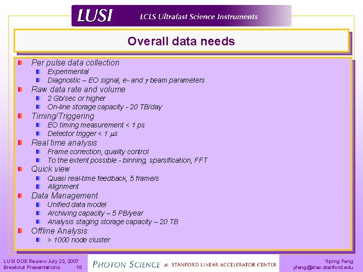 Overall data needs Per pulse data collection Experimental Diagnostic – EO signal, e- and