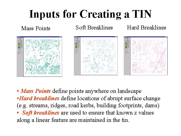 Inputs for Creating a TIN Mass Points Soft Breaklines Hard Breaklines • Mass Points