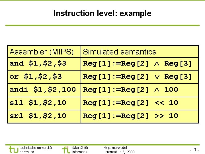 Instruction level: example Assembler (MIPS) and $1, $2, $3 Simulated semantics Reg[1]: =Reg[2] Reg[3]