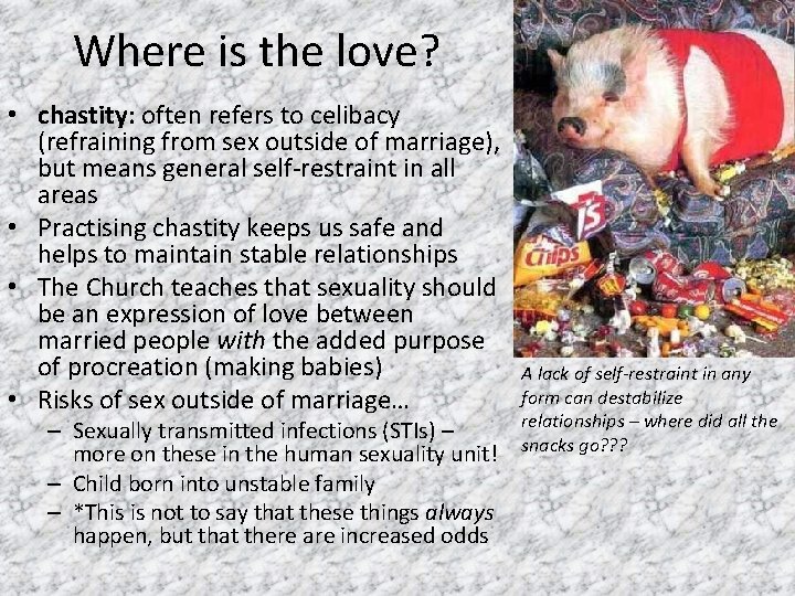 Where is the love? • chastity: often refers to celibacy (refraining from sex outside