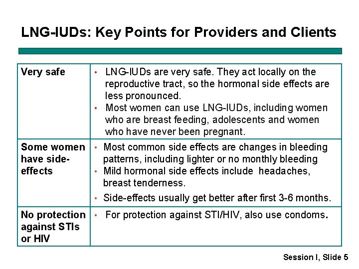 LNG-IUDs: Key Points for Providers and Clients Very safe • LNG-IUDs are very safe.