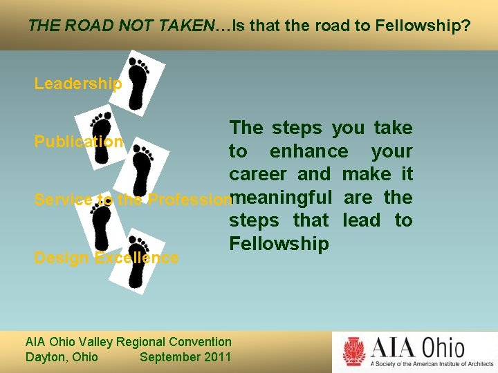 THE ROAD NOT TAKEN…Is that the road to Fellowship? Leadership The steps you take