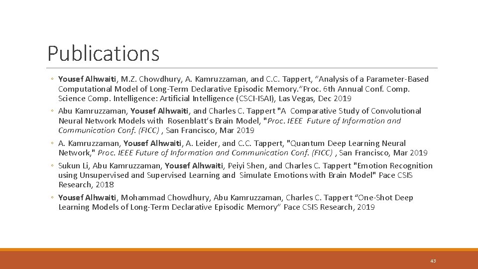 Publications ◦ Yousef Alhwaiti, M. Z. Chowdhury, A. Kamruzzaman, and C. C. Tappert, ”Analysis