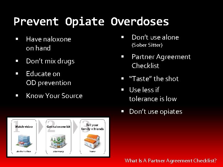 Prevent Opiate Overdoses Have naloxone on hand Don’t mix drugs Educate on OD prevention