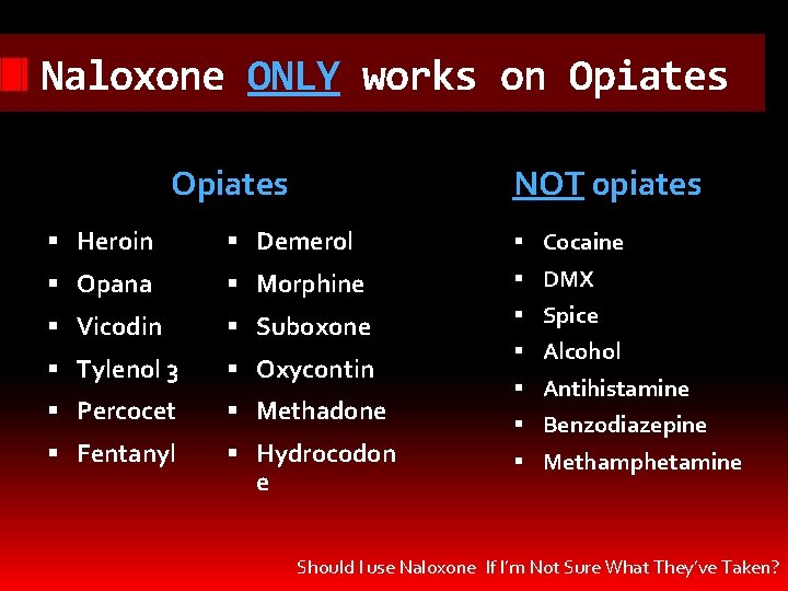 Naloxone ONLY works on Opiates NOT 0 piates Heroin Demerol Cocaine Opana Morphine DMX